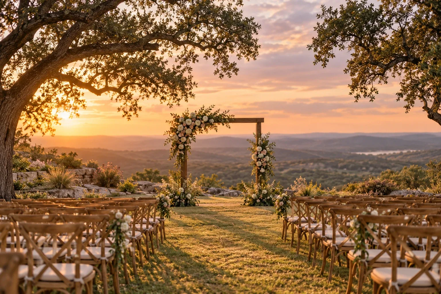 Golden-hour wedding ceremony site in the Texas Hill Country